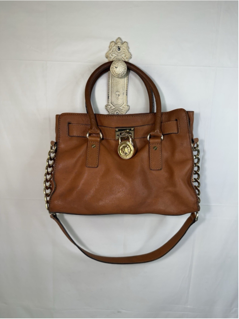 MICHAEL KORS Cognac HAMILTON SAFFIANO Leather Lock & Key Satchel Bag - Ship Free